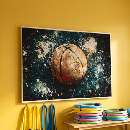 Abstract Basketball Canvas Print in Burnt Orange & Teal in white floating frame