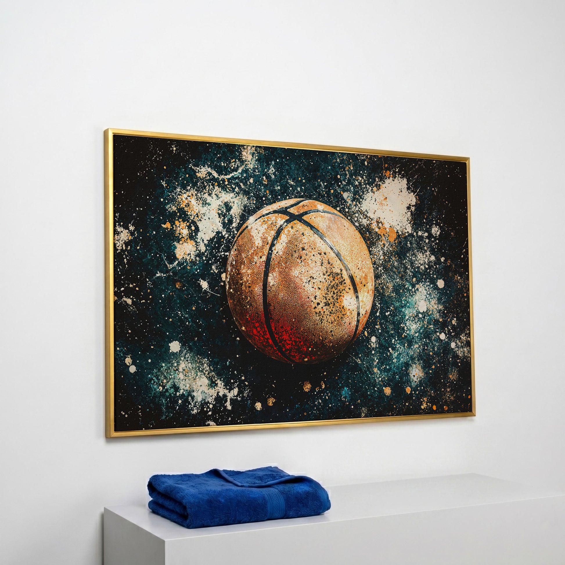 Abstract Basketball Canvas Print in Burnt Orange & Teal in yellow gold floating frame