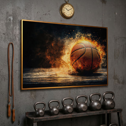 Basketball Explosion Canvas Print in antique gold floating frame