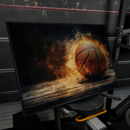 Basketball Explosion Canvas Print in black floating frame