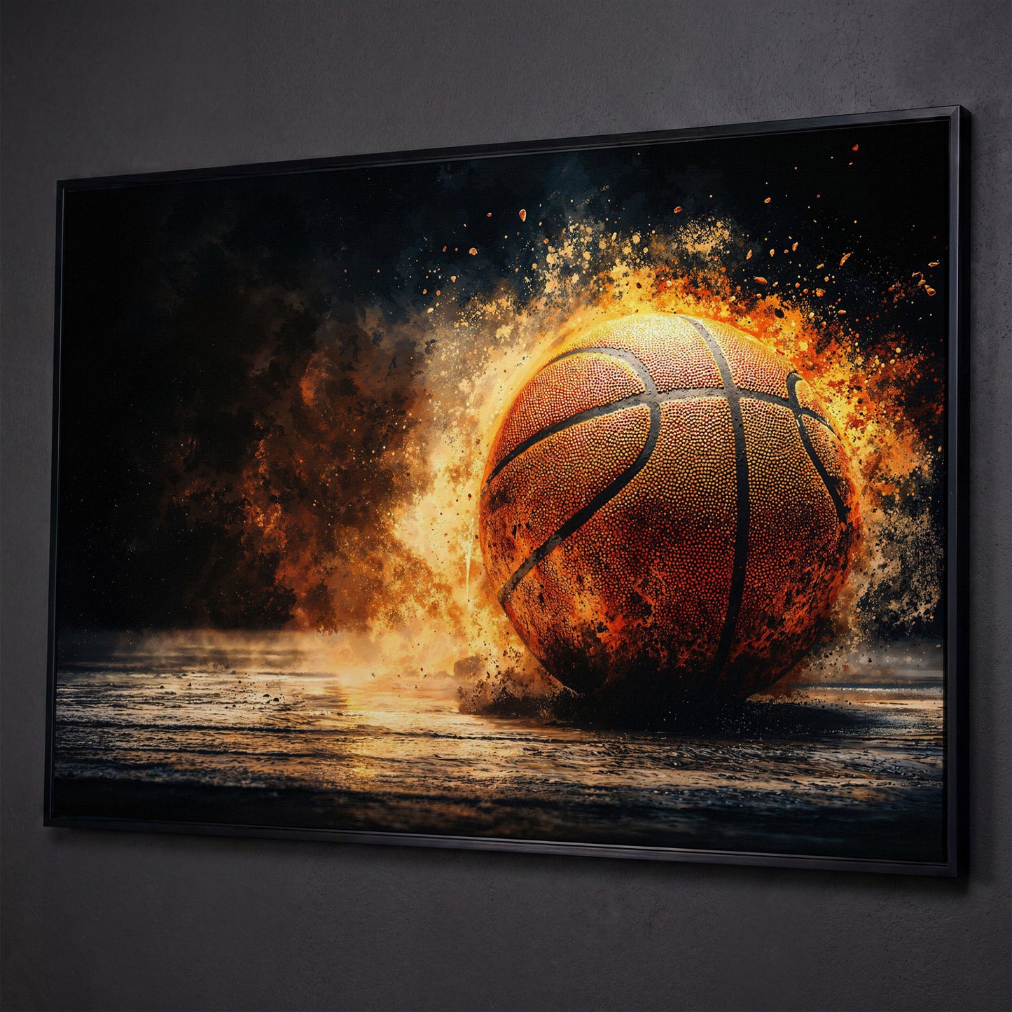 Basketball Explosion Canvas Print shown in black floating frame