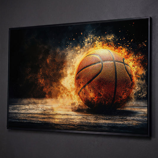 Basketball Explosion Canvas Print shown in black floating frame
