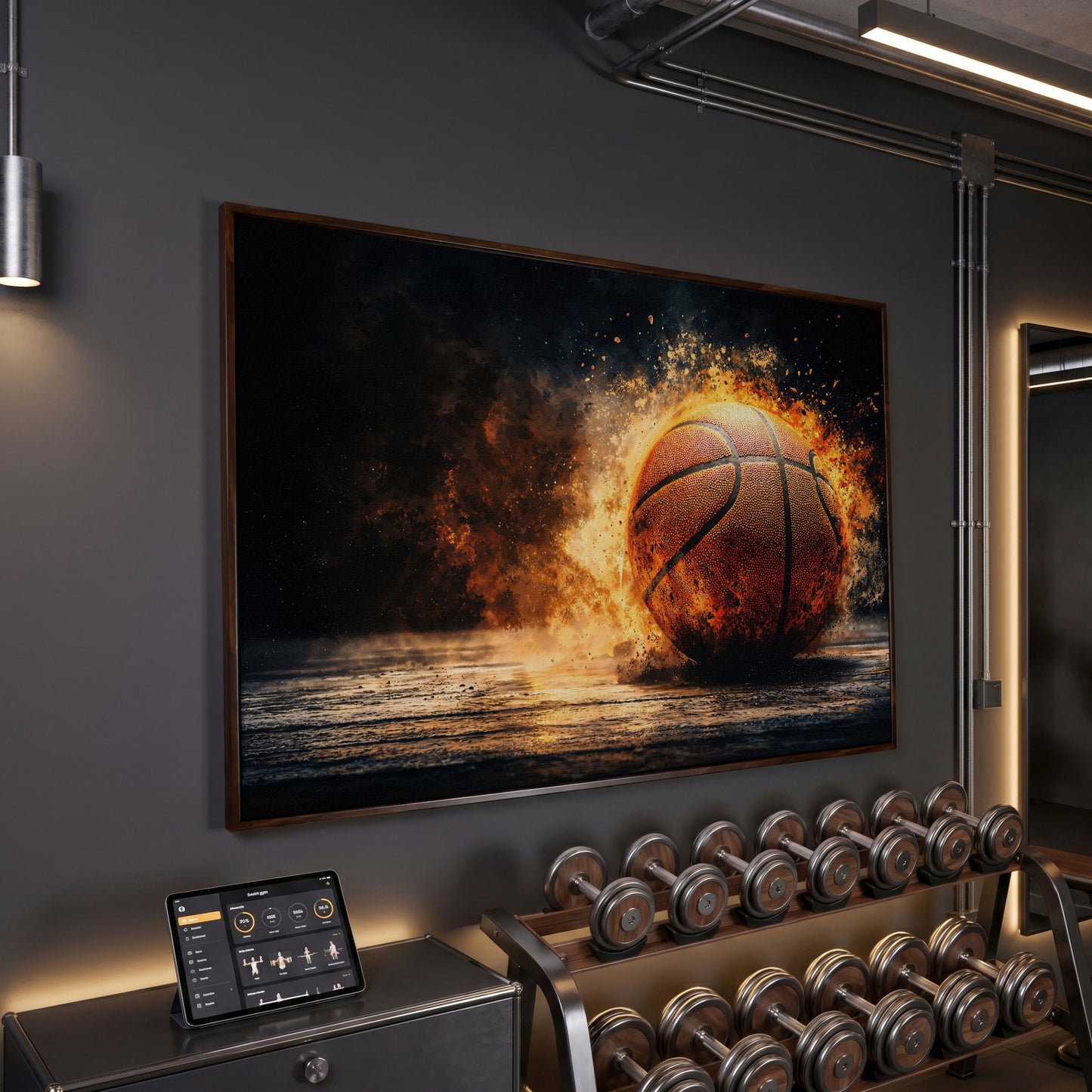 Basketball Explosion Canvas Print in dark walnut floating frame