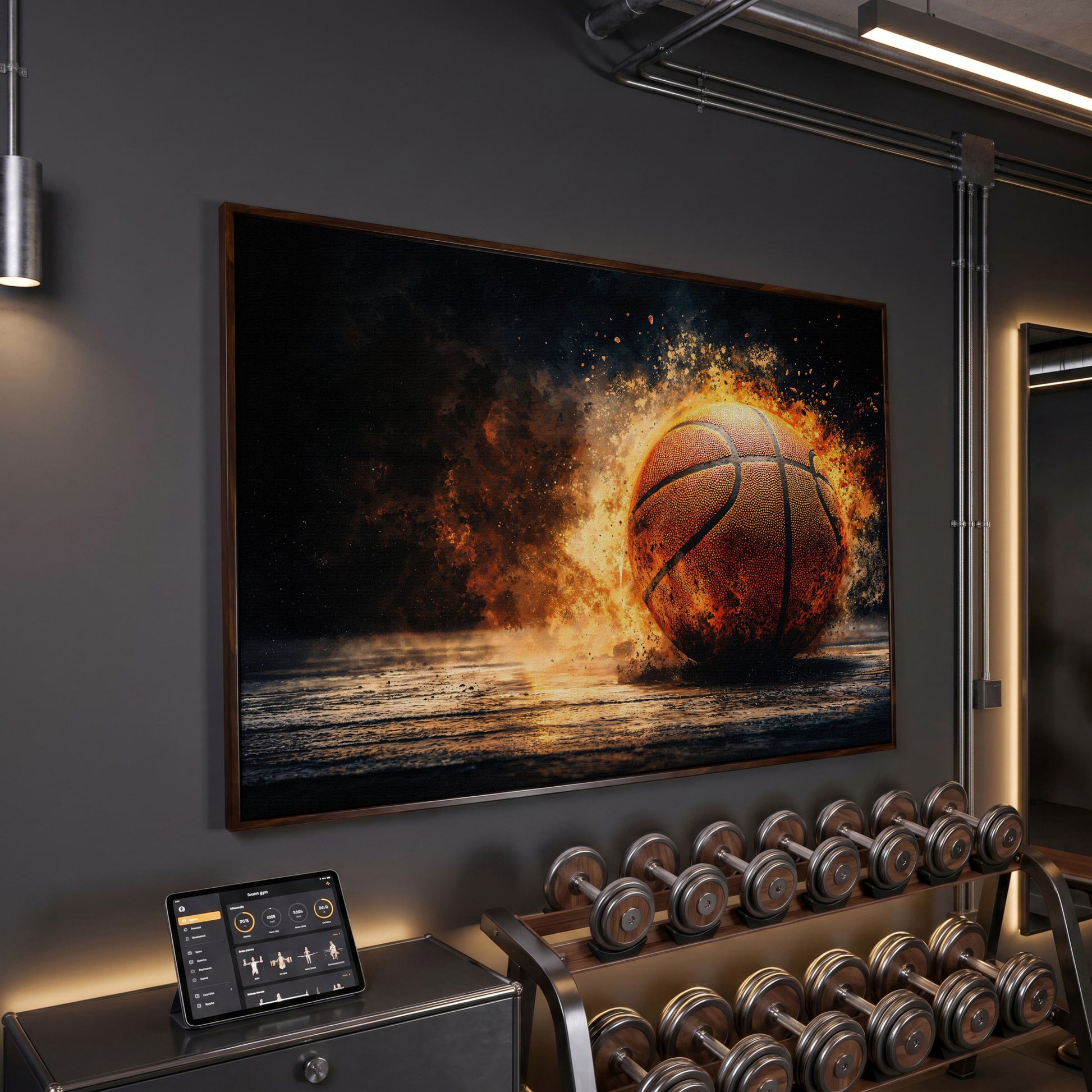 Basketball Explosion Canvas Print in dark walnut floating frame
