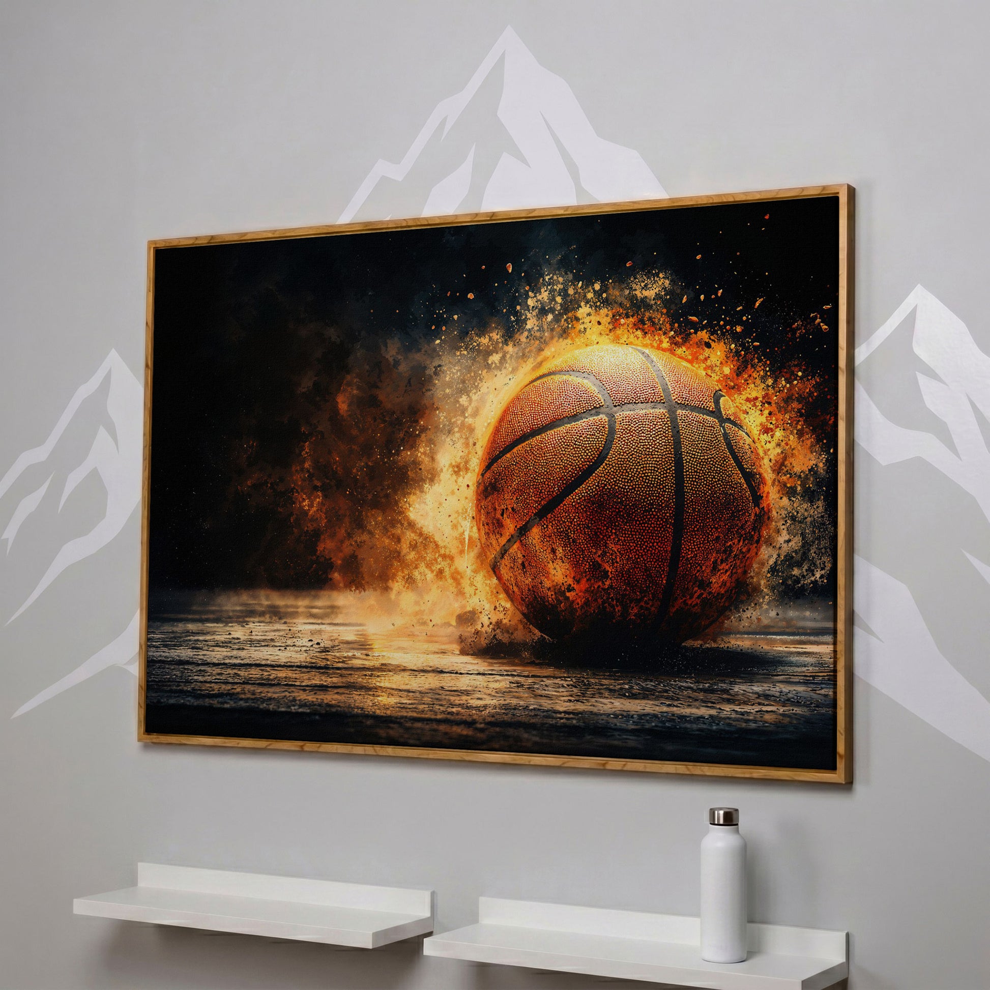 Basketball Explosion Canvas Print in white oak floating frame