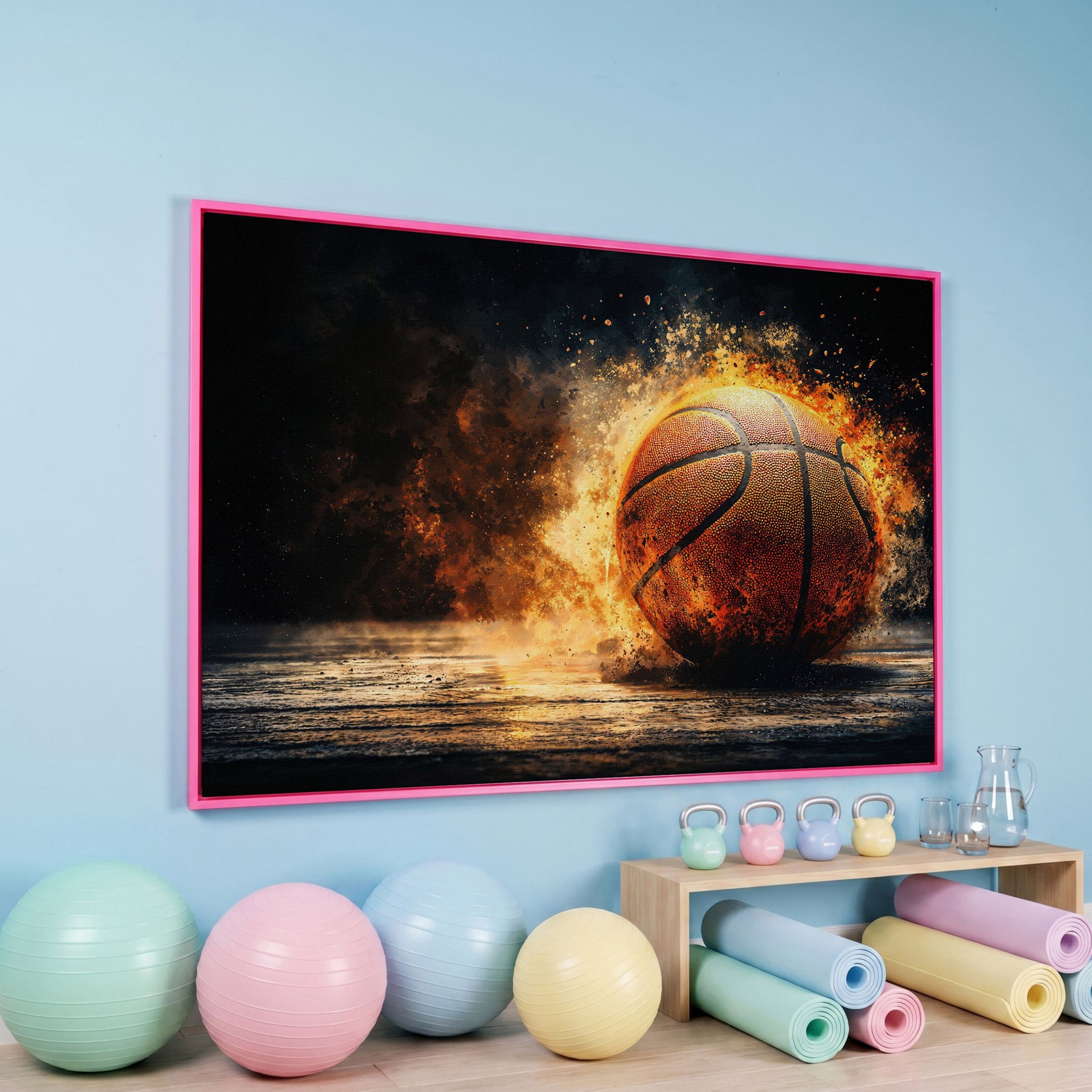 Basketball Explosion Canvas Print in pink floating frame
