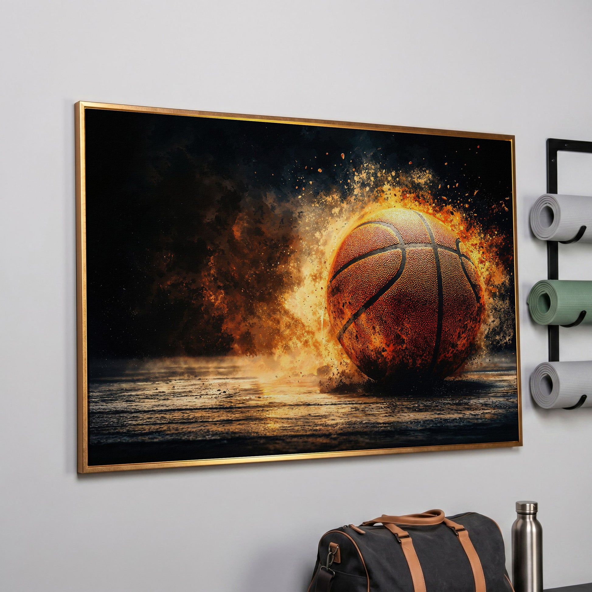 Basketball Explosion Canvas Print in rose gold floating frame