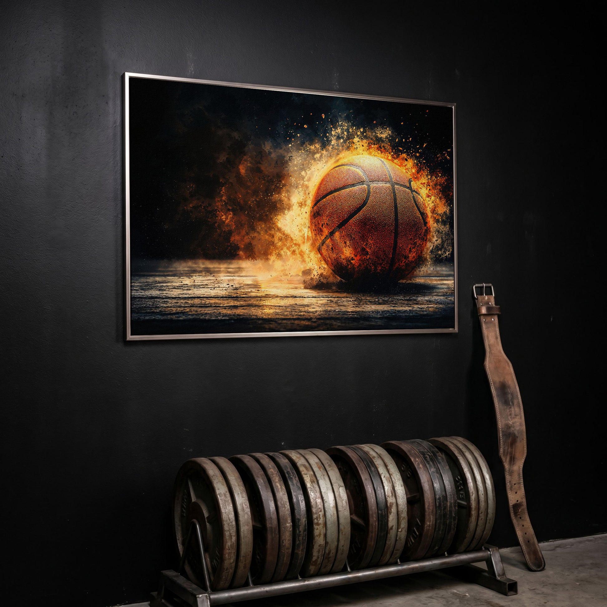 Basketball Explosion Canvas Print in silver floating frame