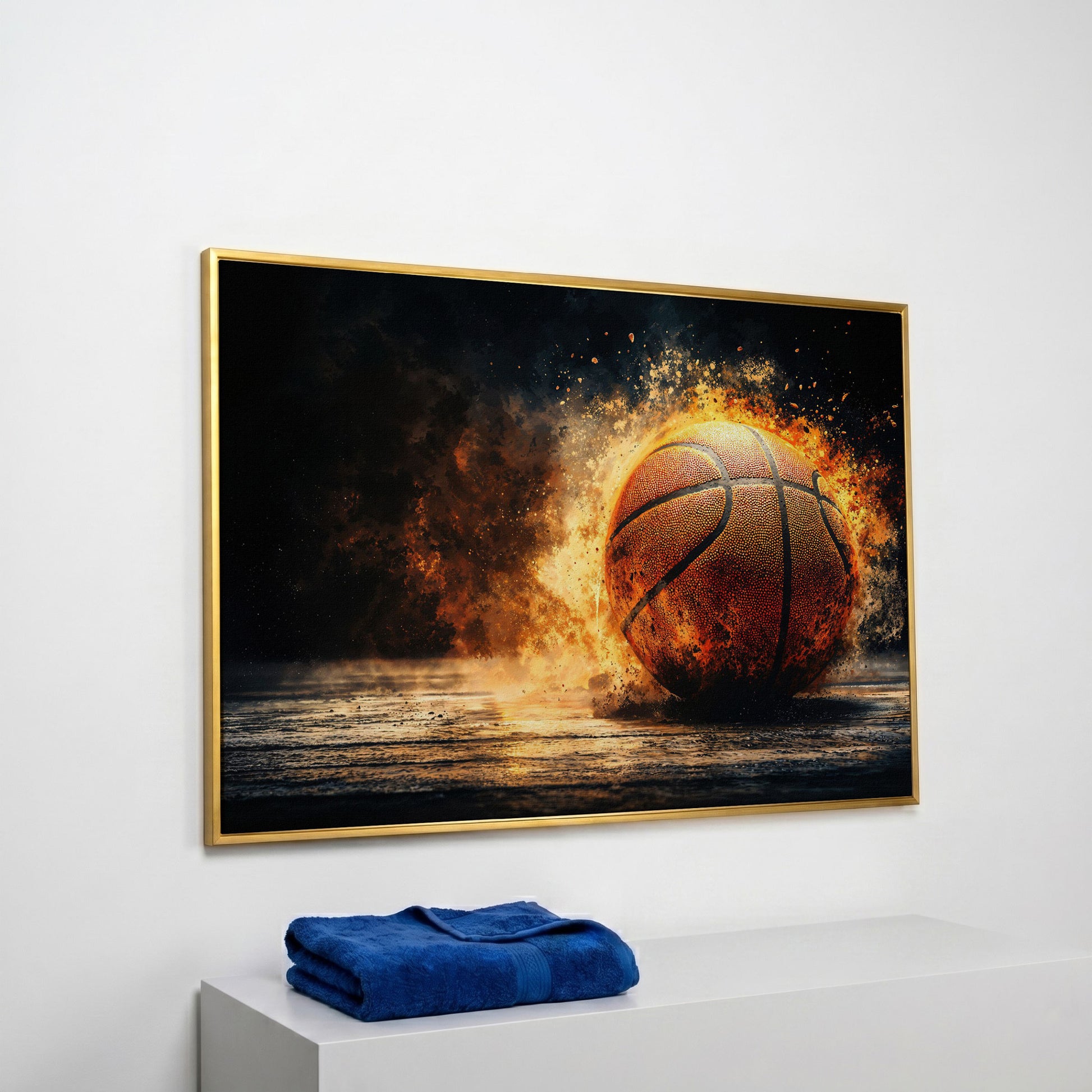 Basketball Explosion Canvas Print in yellow gold floating frame