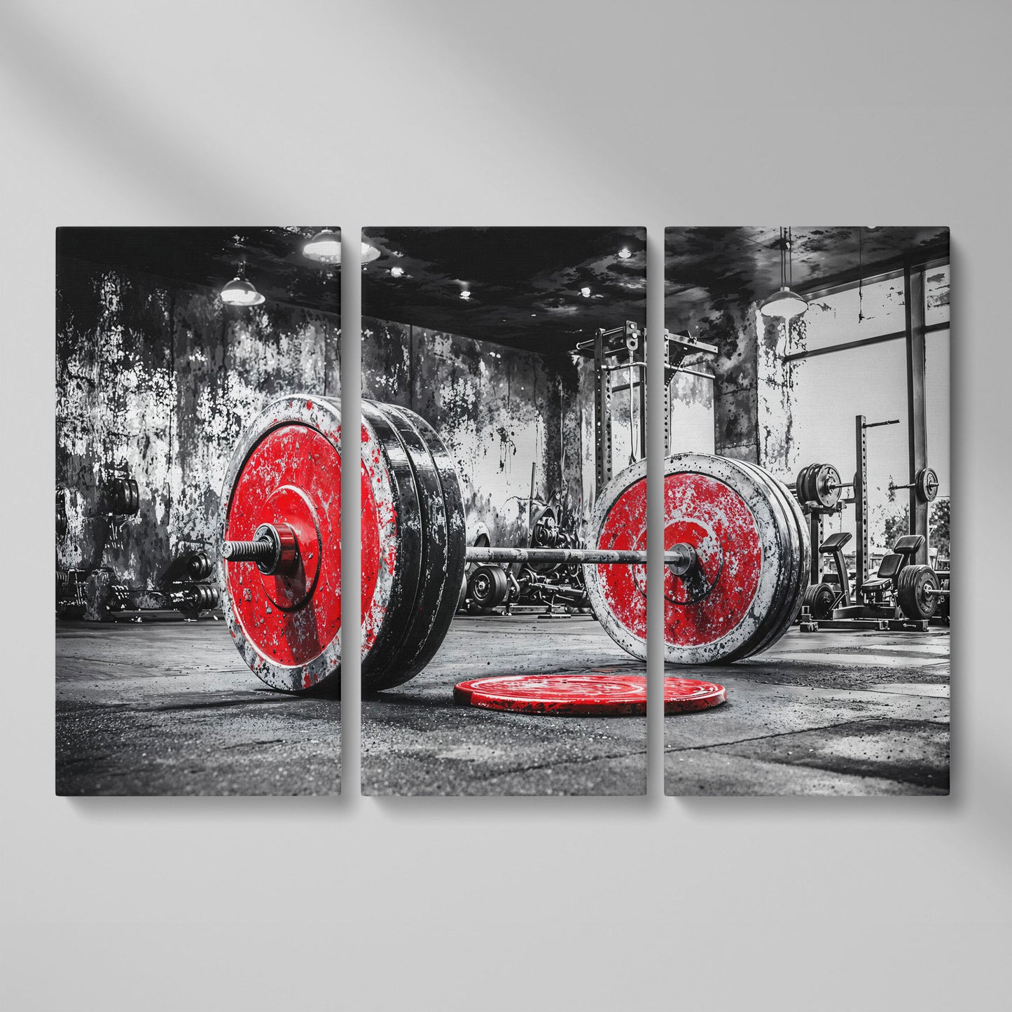 Barbell Canvas Wall Art - Crimson & Grayscale Gym Decor as 3-panel split version