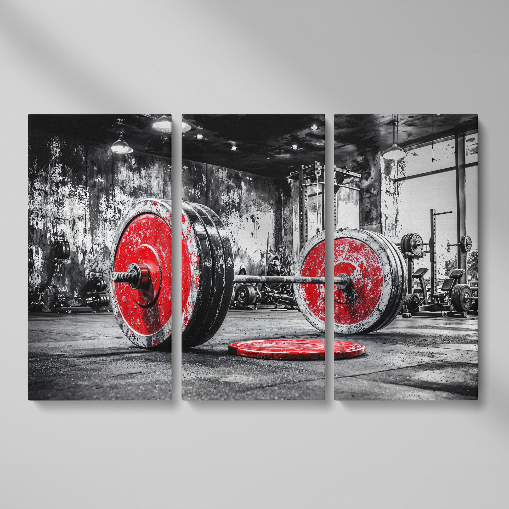 Barbell Canvas Wall Art - Crimson & Grayscale Gym Decor as 3-panel split version