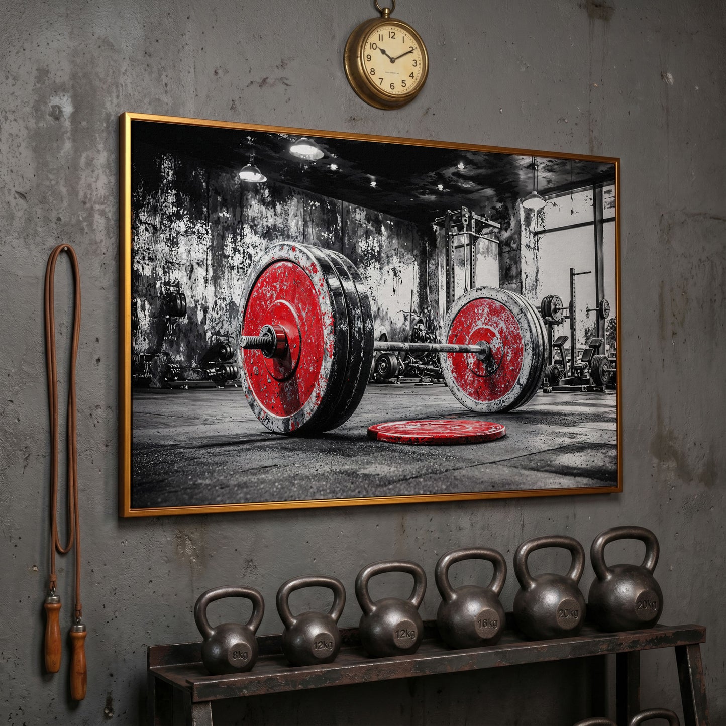 Barbell Canvas Wall Art - Crimson & Grayscale Gym Decor in antique gold floating frame