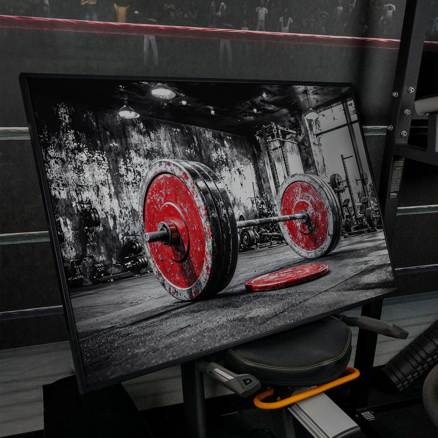 Barbell Canvas Wall Art - Crimson & Grayscale Gym Decor in black floating frame