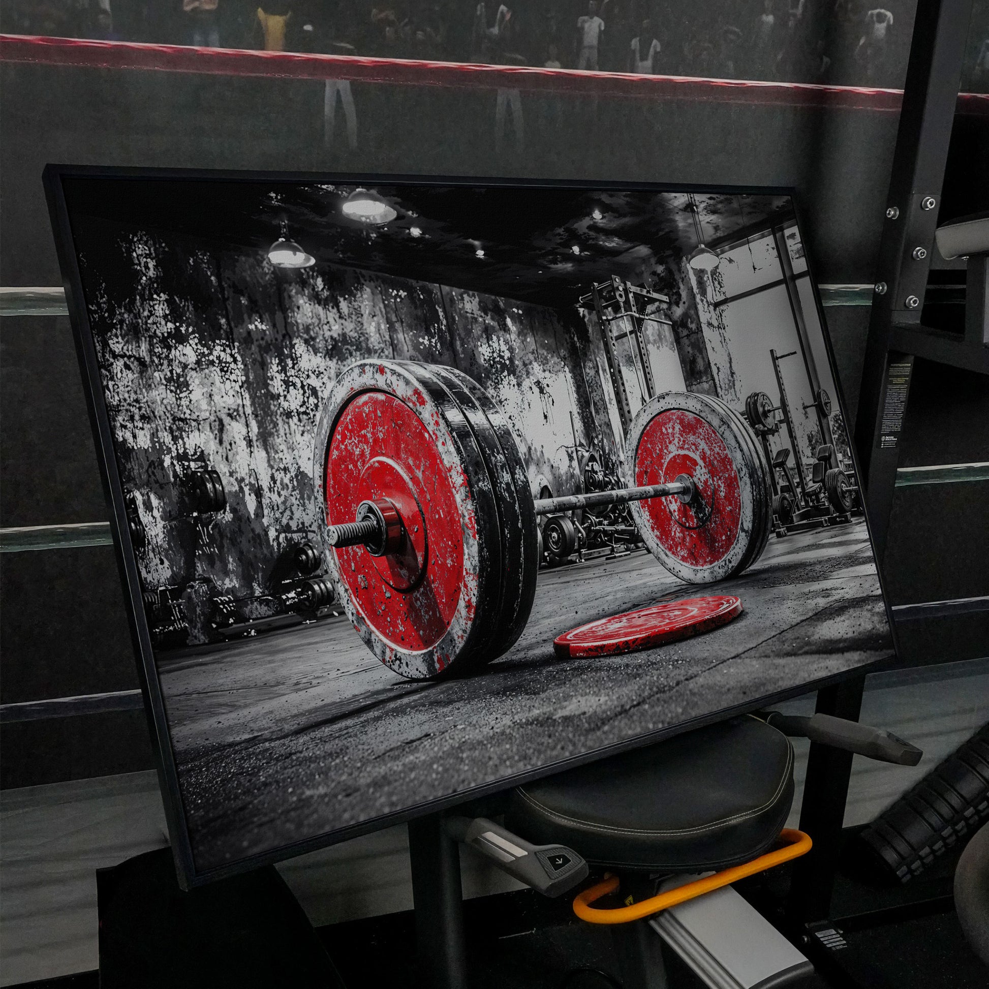 Barbell Canvas Wall Art - Crimson & Grayscale Gym Decor in black floating frame