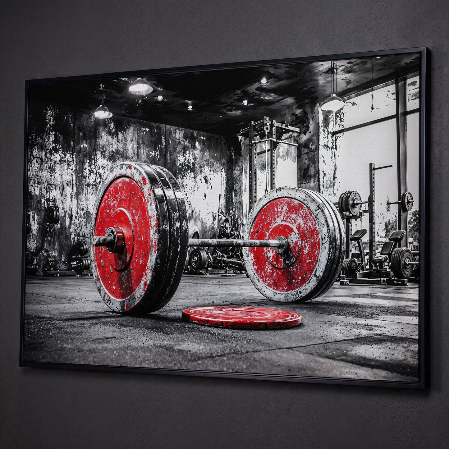 Barbell Canvas Wall Art - Crimson & Grayscale Gym Decor shown in black floating frame