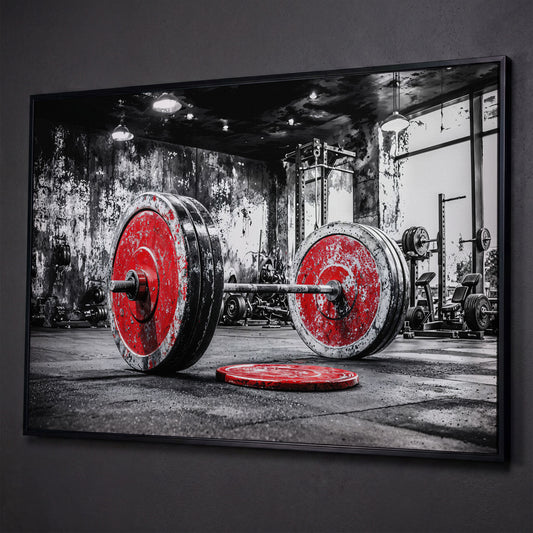 Barbell Canvas Wall Art - Crimson & Grayscale Gym Decor shown in black floating frame