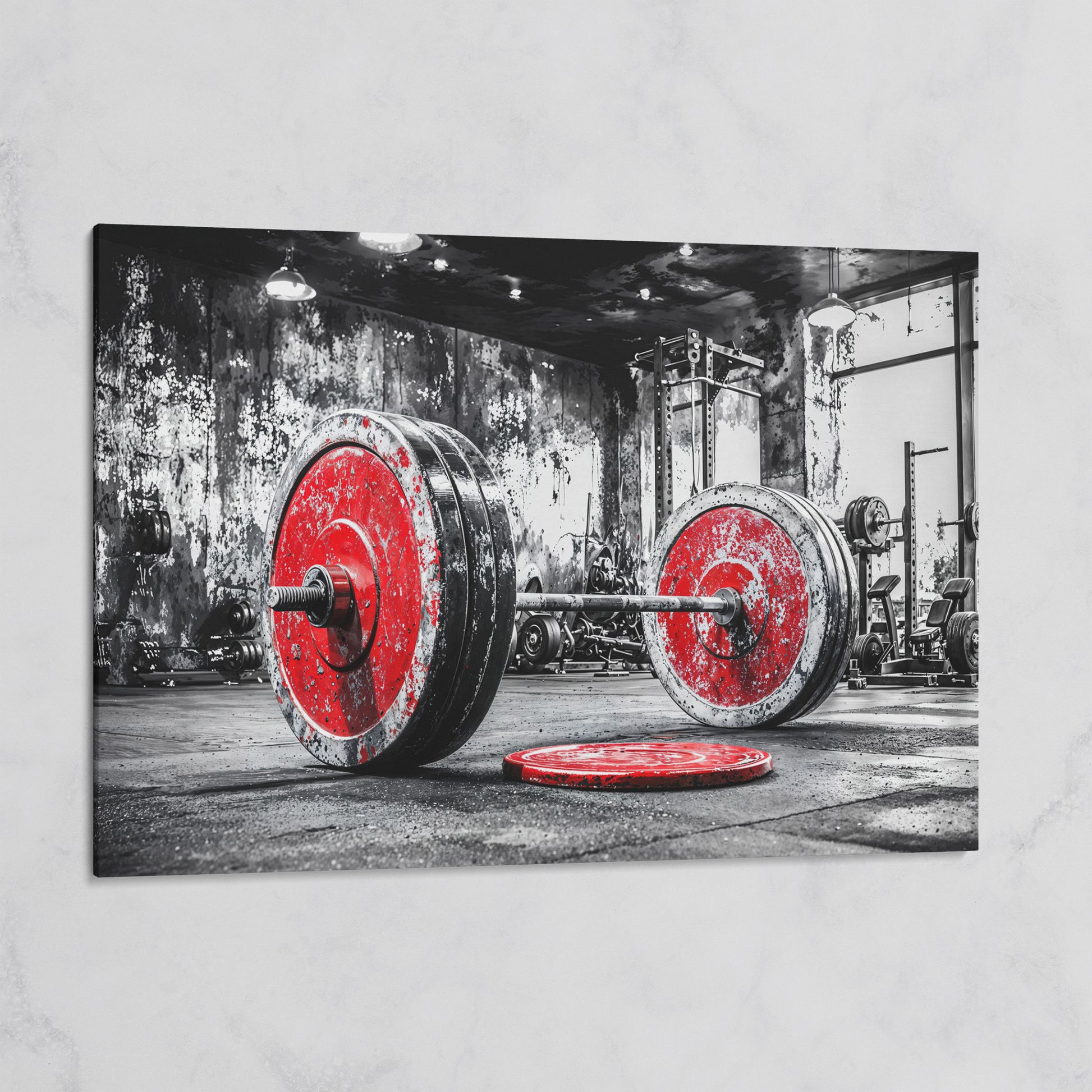 Barbell Canvas Wall Art - Crimson & Grayscale Gym Decor on gallery wrap