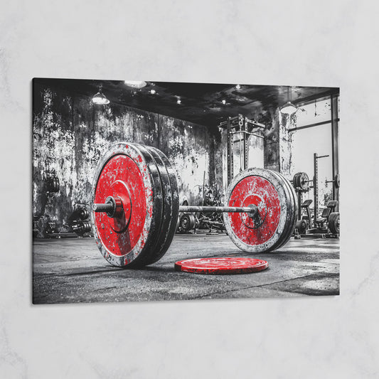 Barbell Canvas Wall Art - Crimson & Grayscale Gym Decor on gallery wrap