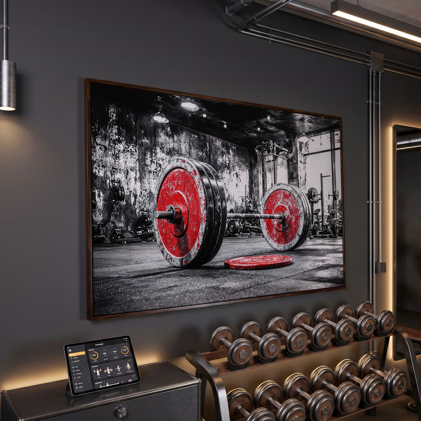 Barbell Canvas Wall Art - Crimson & Grayscale Gym Decor in dark walnut floating frame
