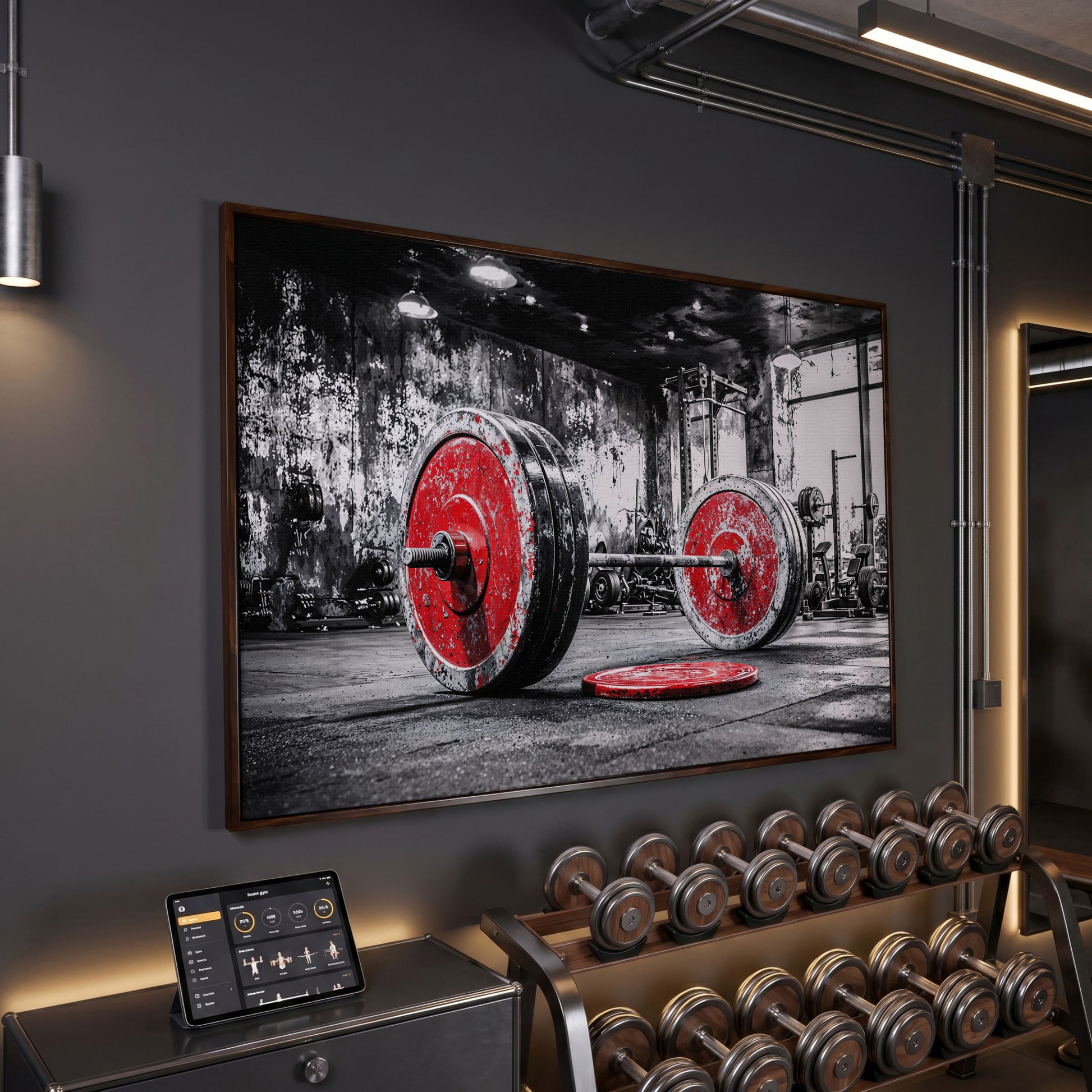 Barbell Canvas Wall Art - Crimson & Grayscale Gym Decor in dark walnut floating frame
