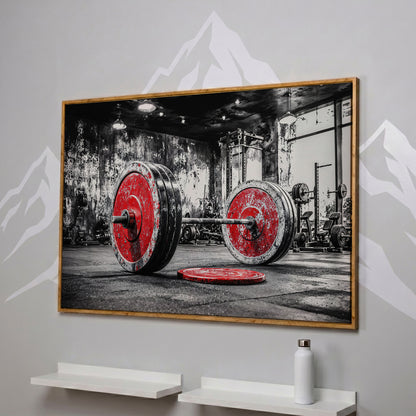Barbell Canvas Wall Art - Crimson & Grayscale Gym Decor in white oak floating frame