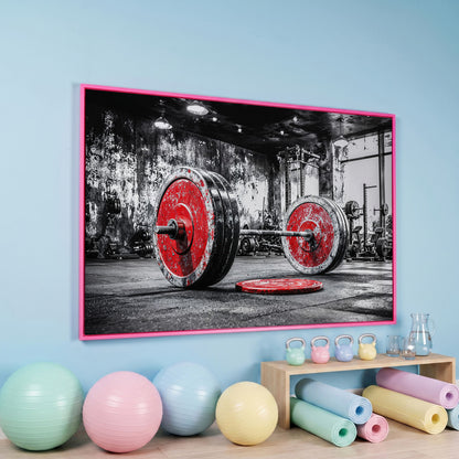 Barbell Canvas Wall Art - Crimson & Grayscale Gym Decor in pink floating frame