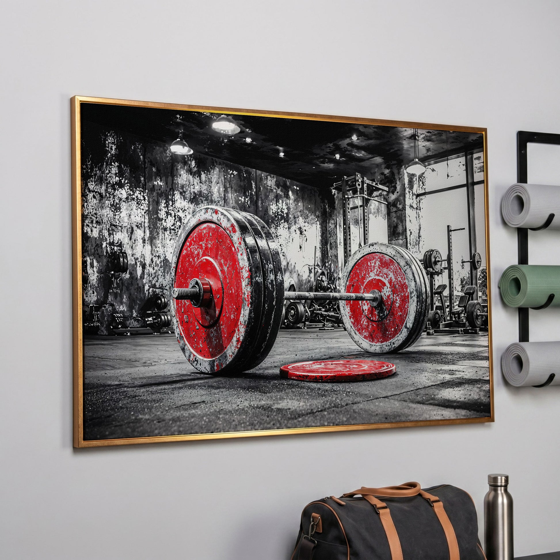 Barbell Canvas Wall Art - Crimson & Grayscale Gym Decor in rose gold floating frame