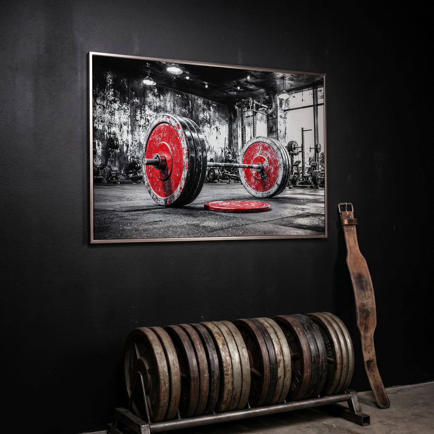 Barbell Canvas Wall Art - Crimson & Grayscale Gym Decor in silver floating frame