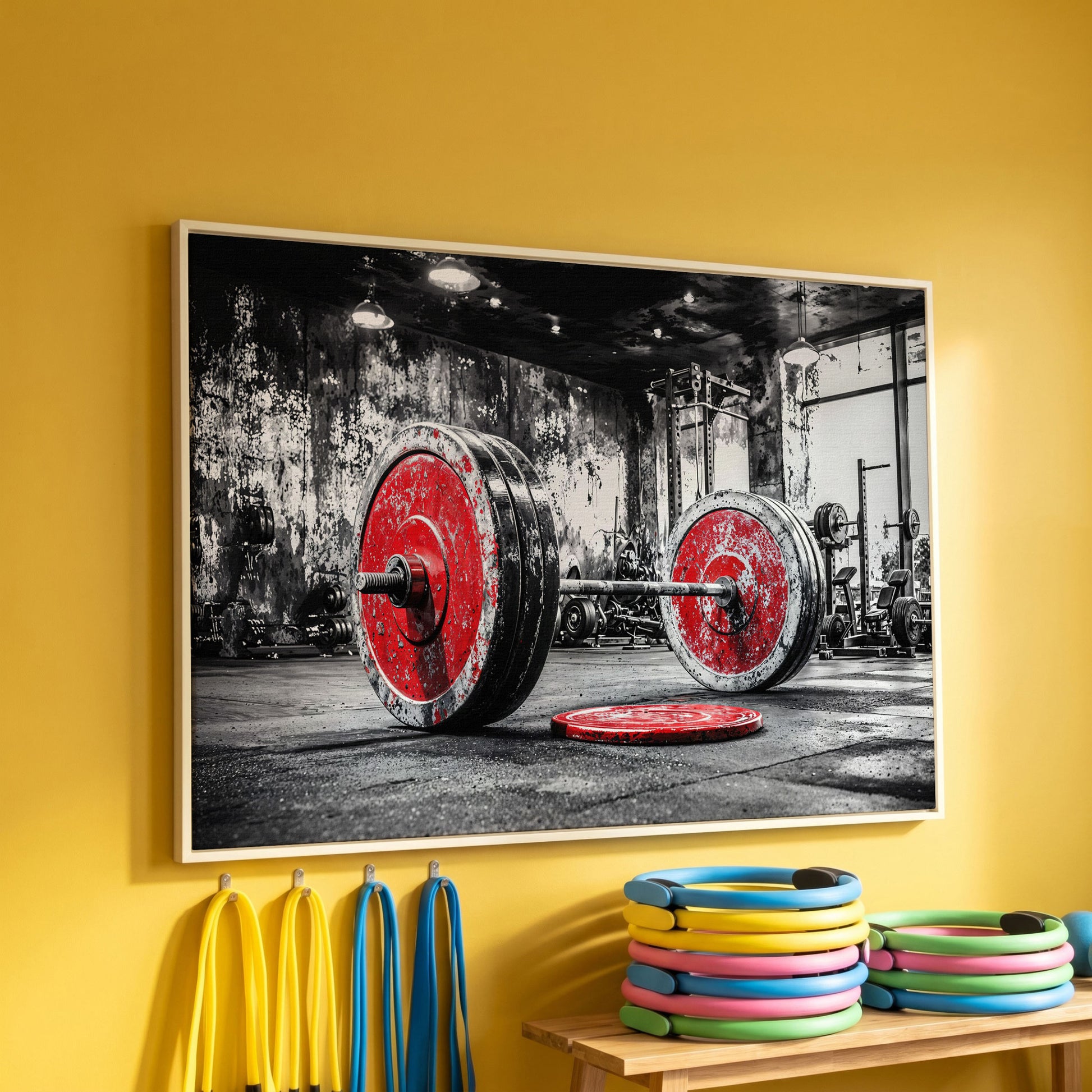 Barbell Canvas Wall Art - Crimson & Grayscale Gym Decor in white floating frame