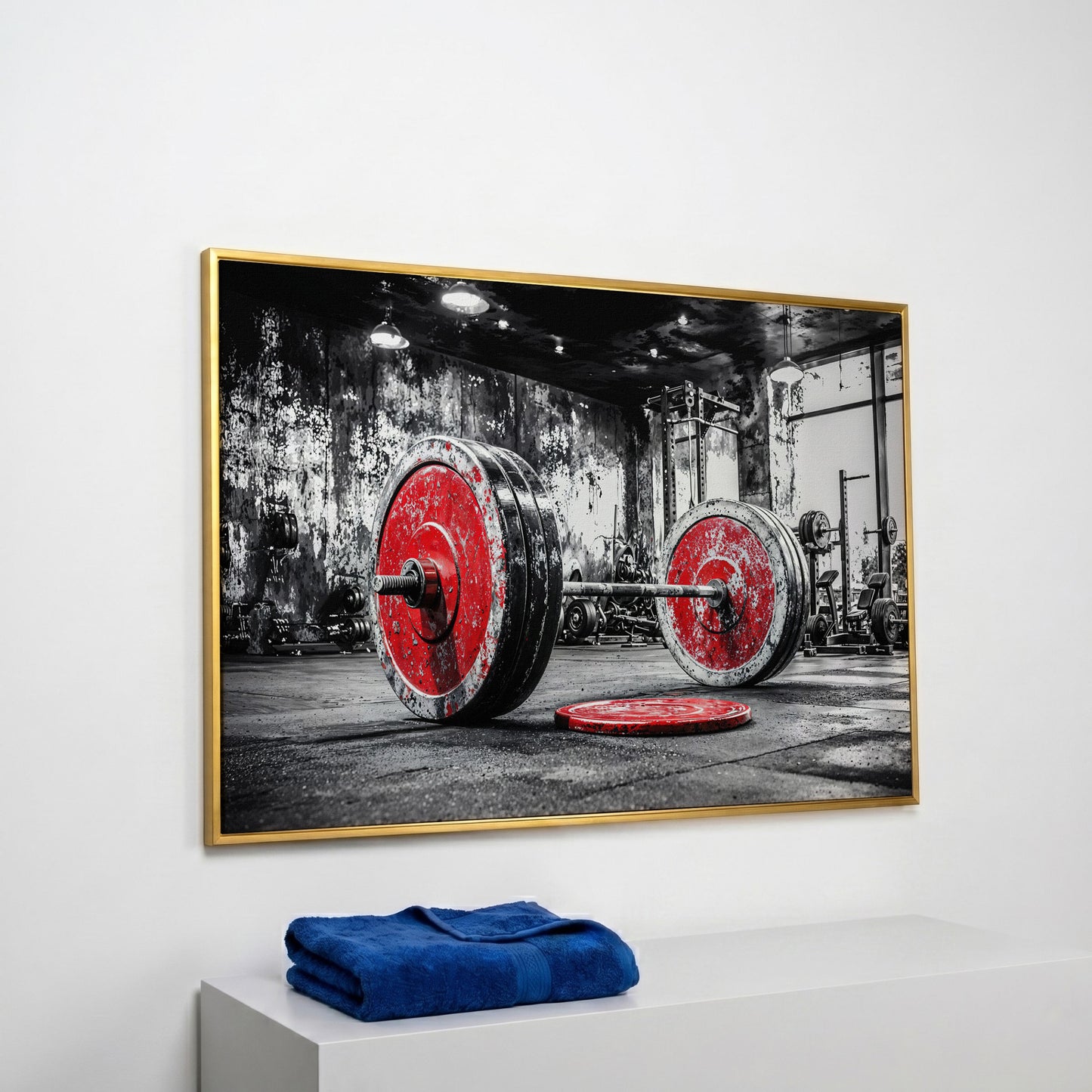 Barbell Canvas Wall Art - Crimson & Grayscale Gym Decor in yellow gold floating frame
