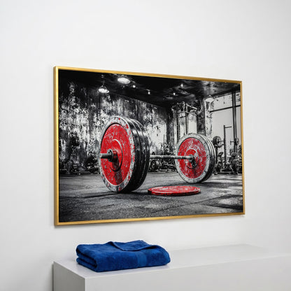 Barbell Canvas Wall Art - Crimson & Grayscale Gym Decor in yellow gold floating frame