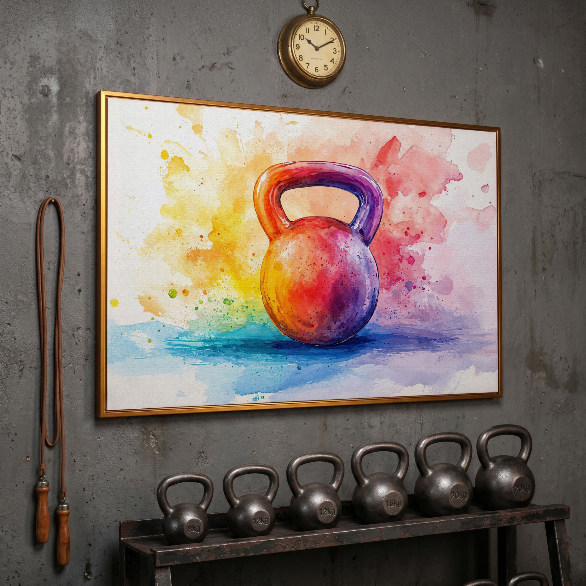 Watercolor Kettlebell Canvas Print in antique gold floating frame