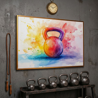 Watercolor Kettlebell Canvas Print in antique gold floating frame