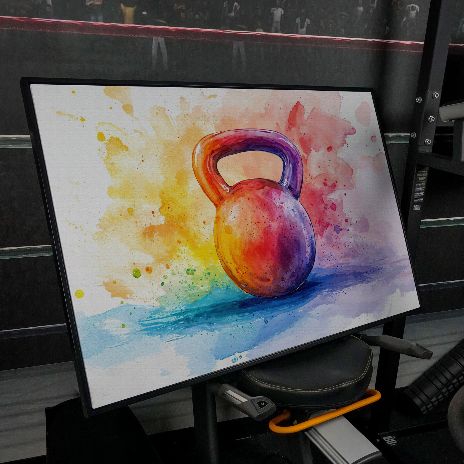 Watercolor Kettlebell Canvas Print in black floating frame