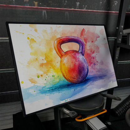 Watercolor Kettlebell Canvas Print in black floating frame