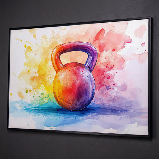 Watercolor Kettlebell Canvas Print shown in black floating frame