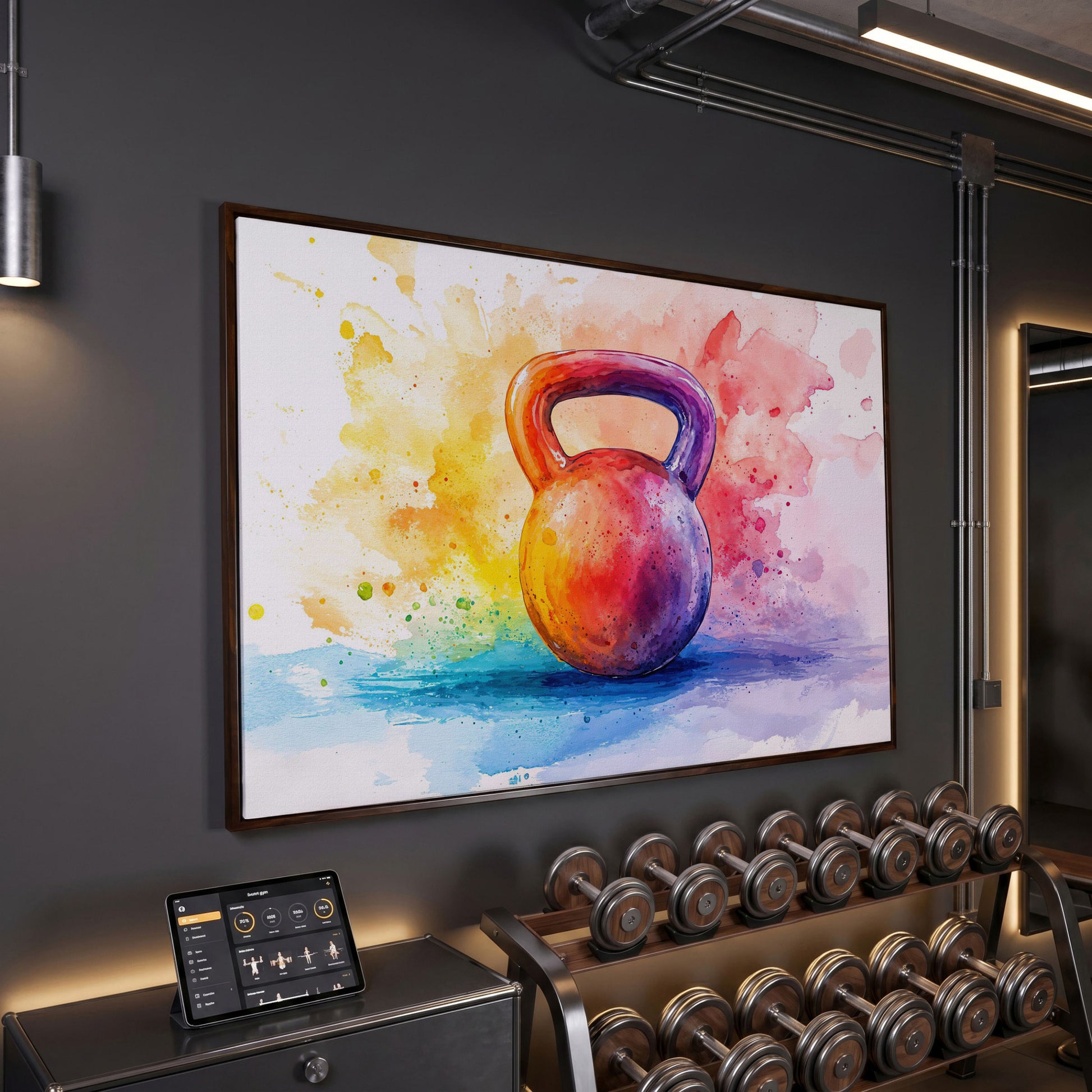 Watercolor Kettlebell Canvas Print in dark walnut floating frame