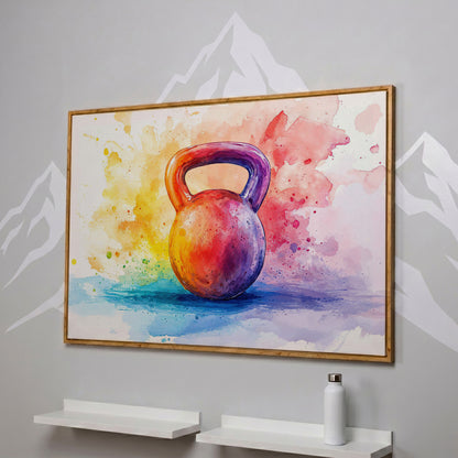 Watercolor Kettlebell Canvas Print in white oak floating frame