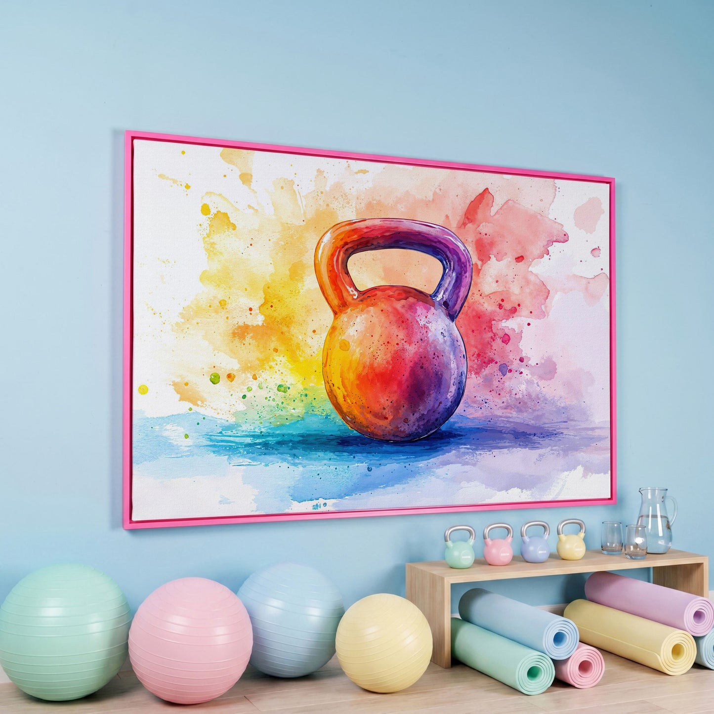 Watercolor Kettlebell Canvas Print in pink floating frame