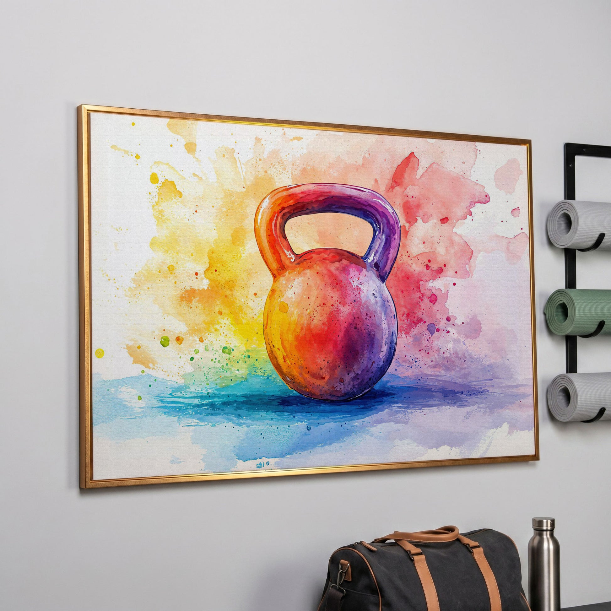 Watercolor Kettlebell Canvas Print in rose gold floating frame
