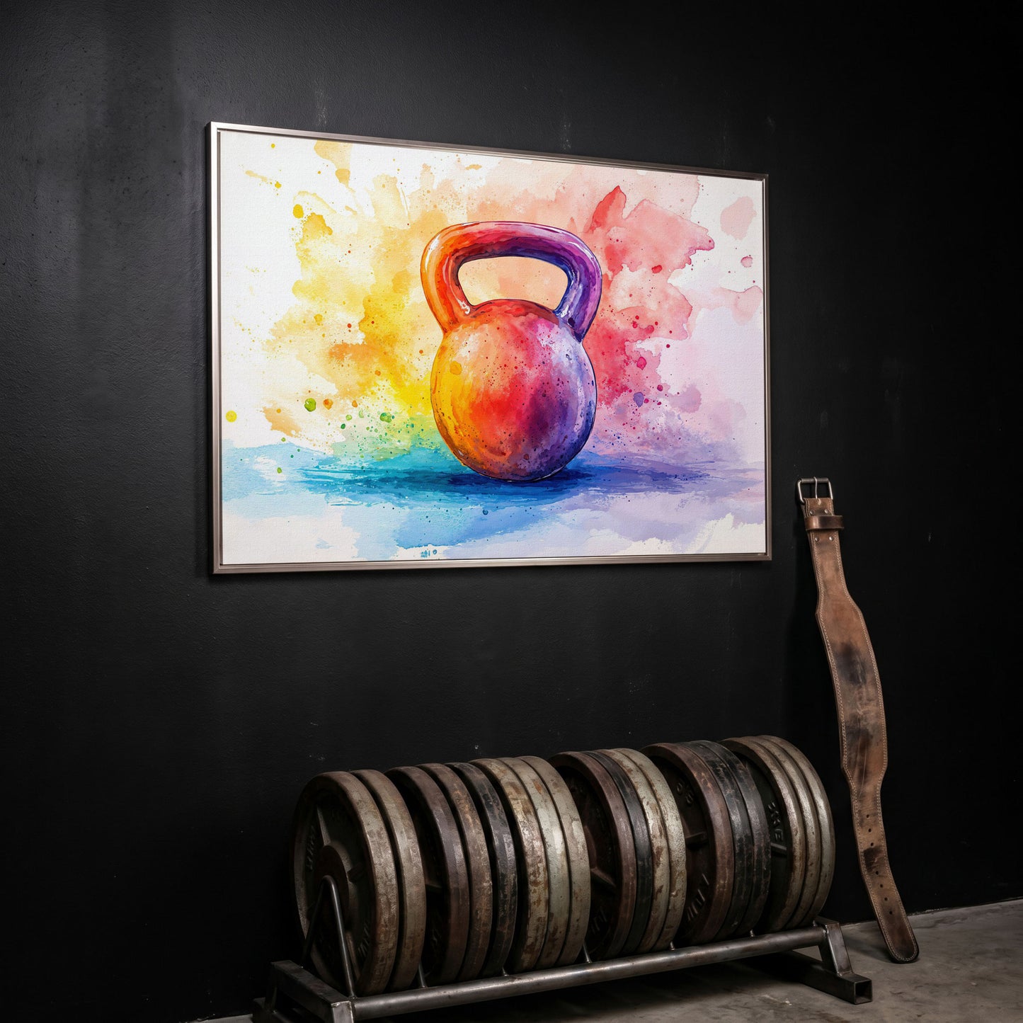Watercolor Kettlebell Canvas Print in silver floating frame