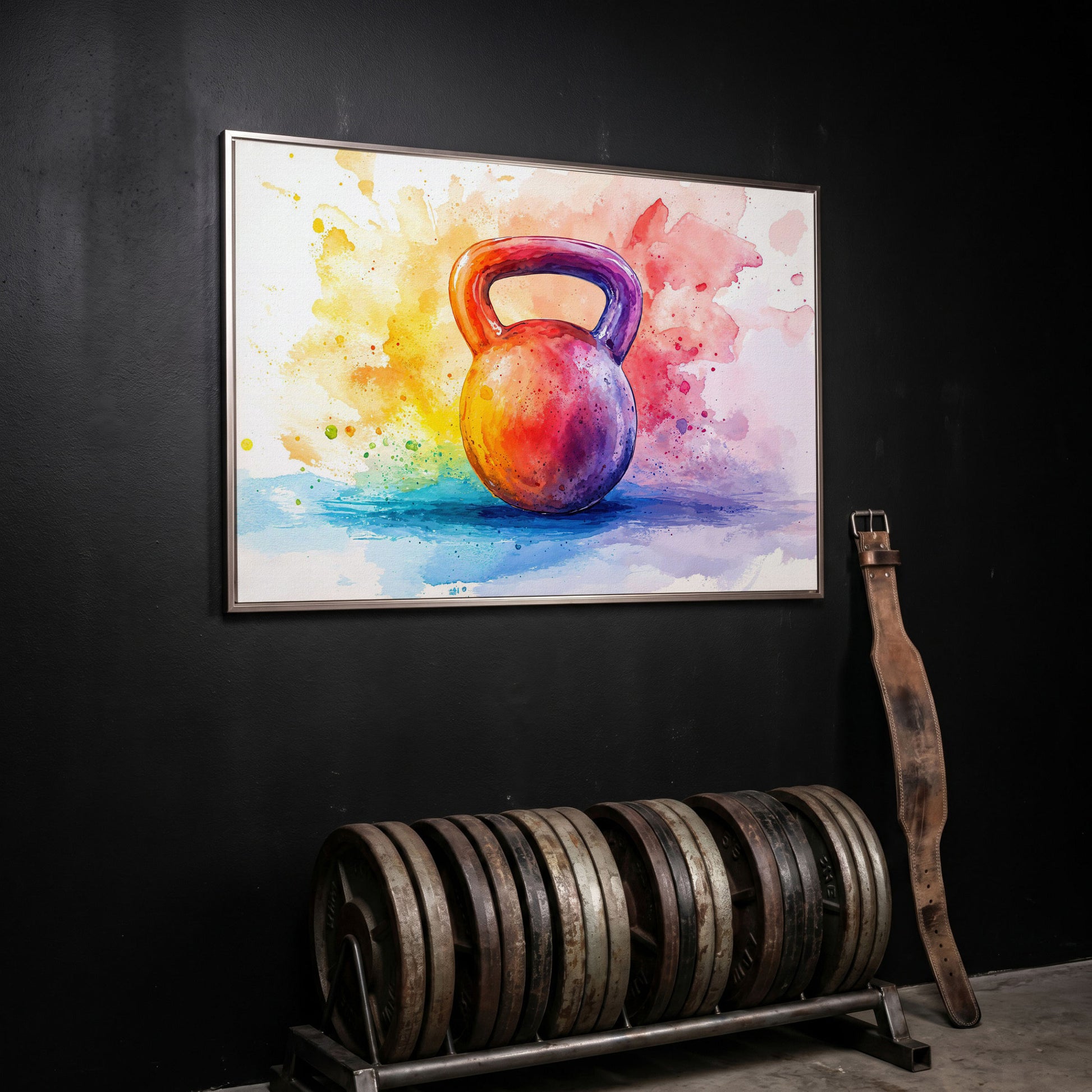 Watercolor Kettlebell Canvas Print in silver floating frame