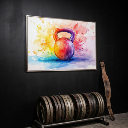 Watercolor Kettlebell Canvas Print in silver floating frame