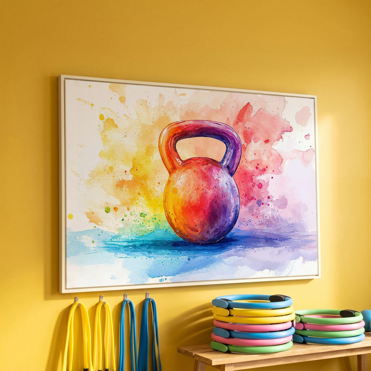 Watercolor Kettlebell Canvas Print in white floating frame