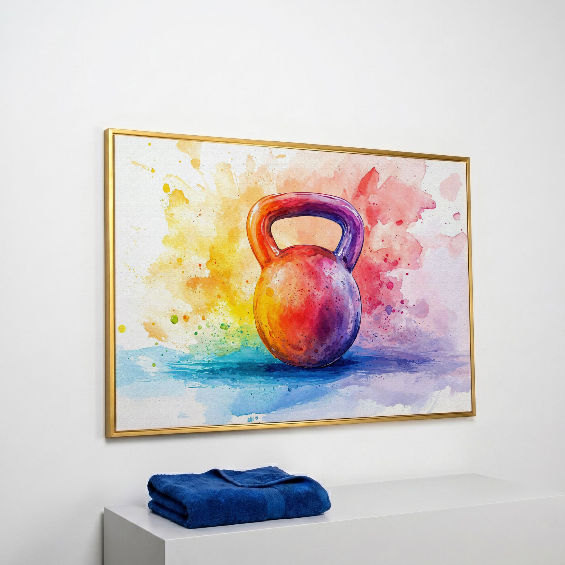 Watercolor Kettlebell Canvas Print in yellow gold floating frame