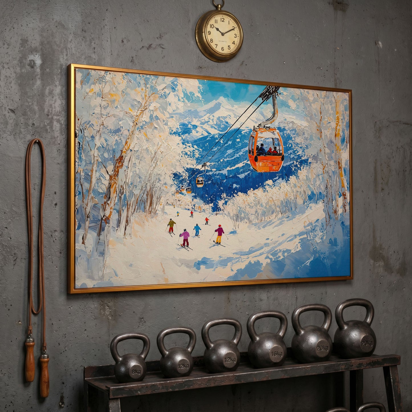 Snowy Mountain Ski Resort Canvas in antique gold floating frame