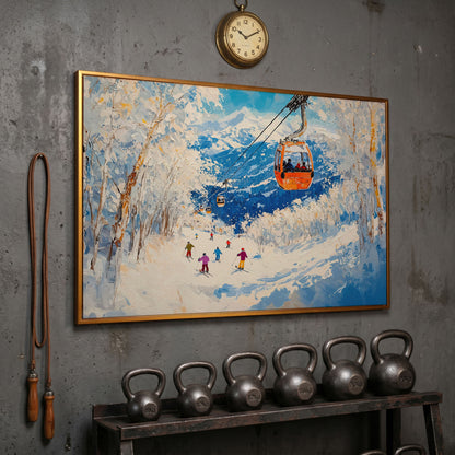 Snowy Mountain Ski Resort Canvas in antique gold floating frame