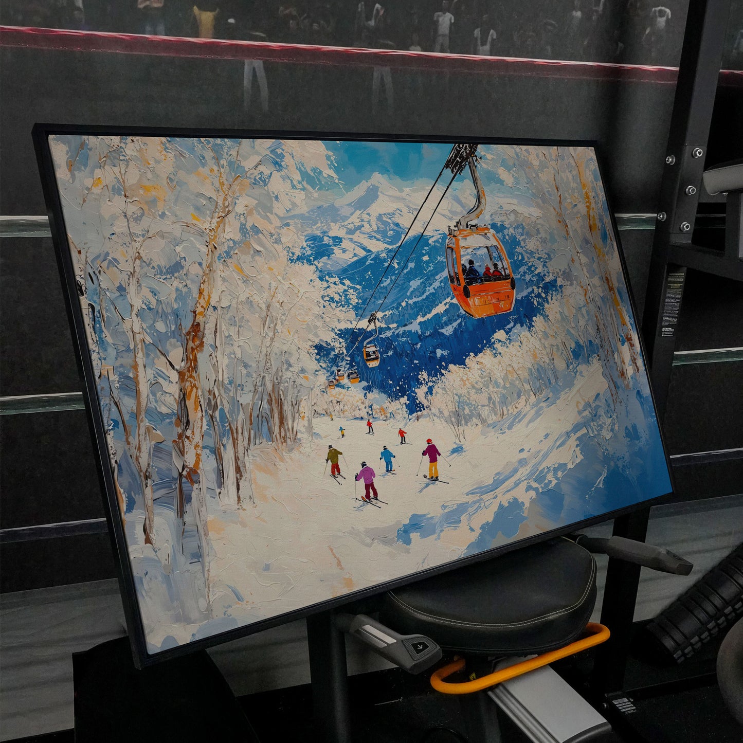 Snowy Mountain Ski Resort Canvas in black floating frame