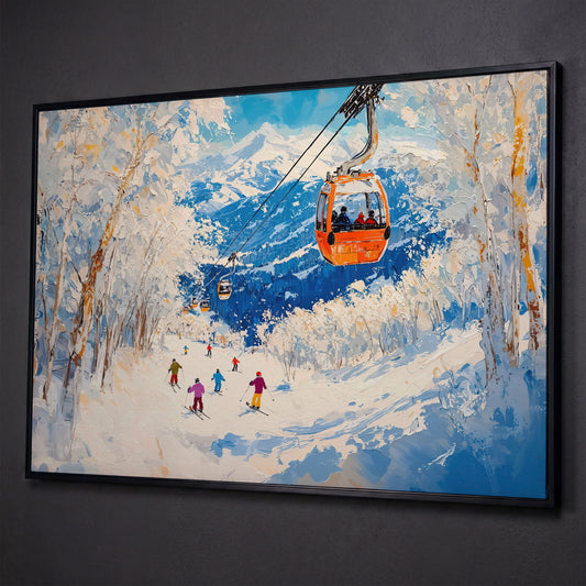 Snowy Mountain Ski Resort Canvas shown in black floating frame