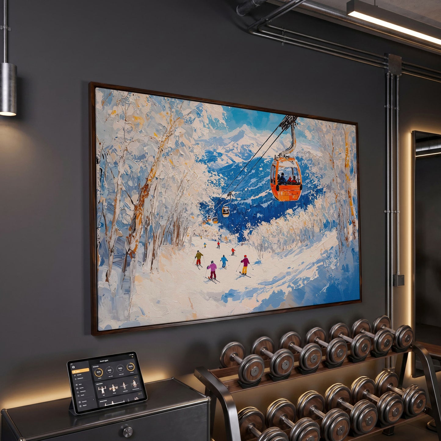 Snowy Mountain Ski Resort Canvas in dark walnut floating frame